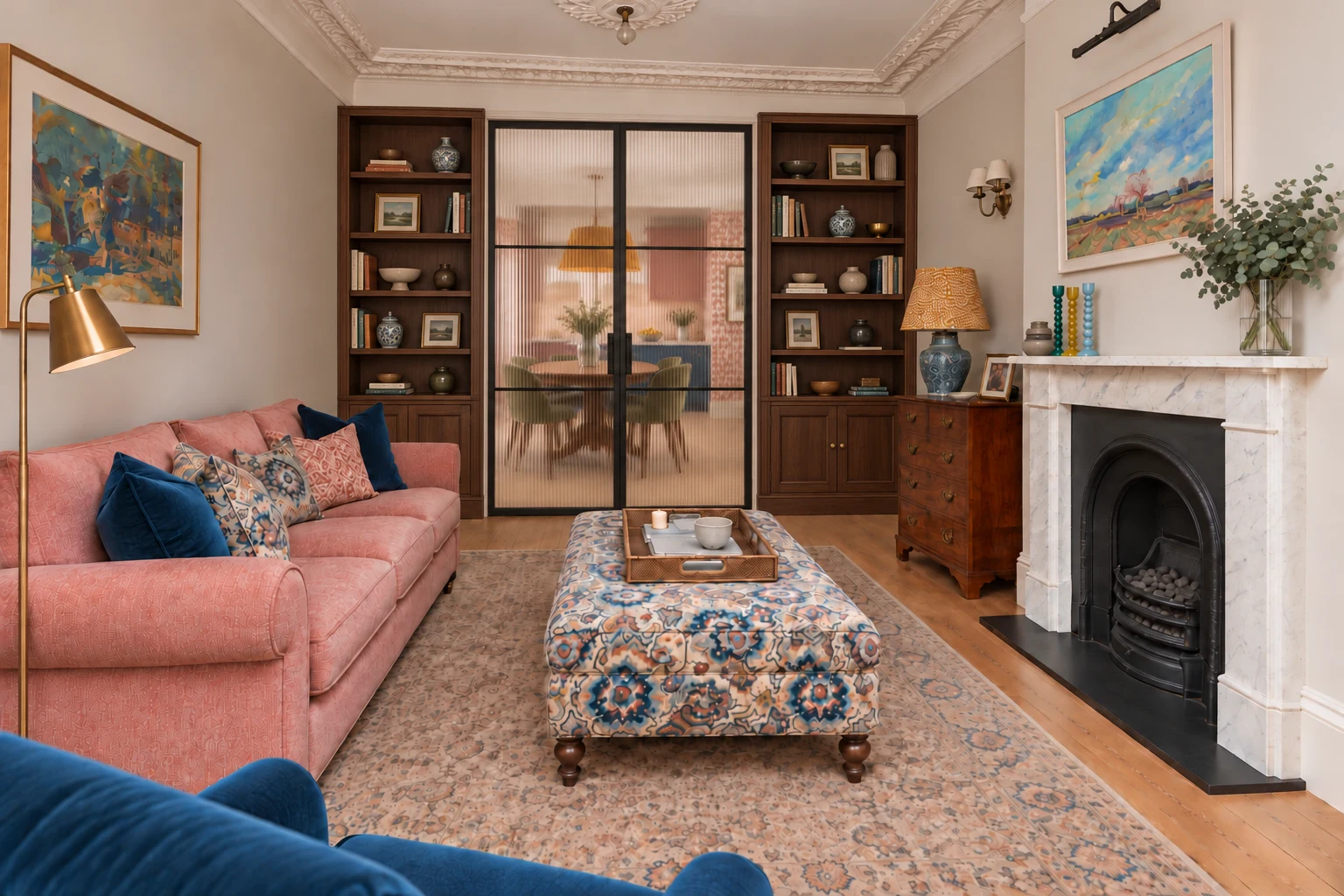 Family residence in Epsom Downs: Bespoke built-in bookcases in the living room.