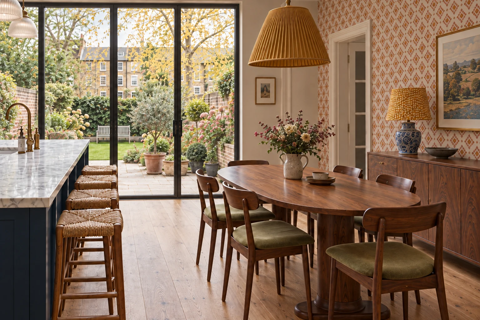 Family residence in Epsom Downs: The dining area and its relationship to the adjoining spaces.