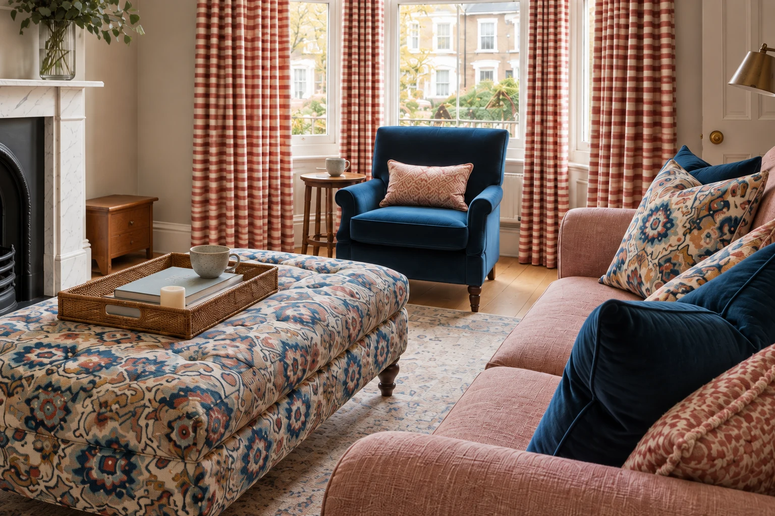 Family residence in Epsom Downs: The living-room ottoman and surrounding furniture.