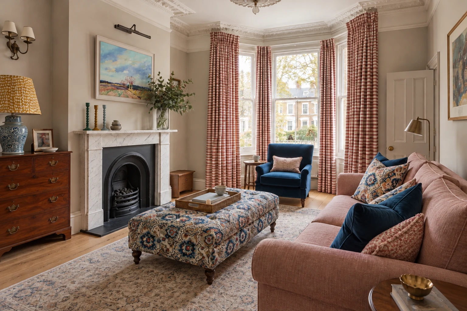 Living room with bay-window seating, patterned curtains and a fireplace.