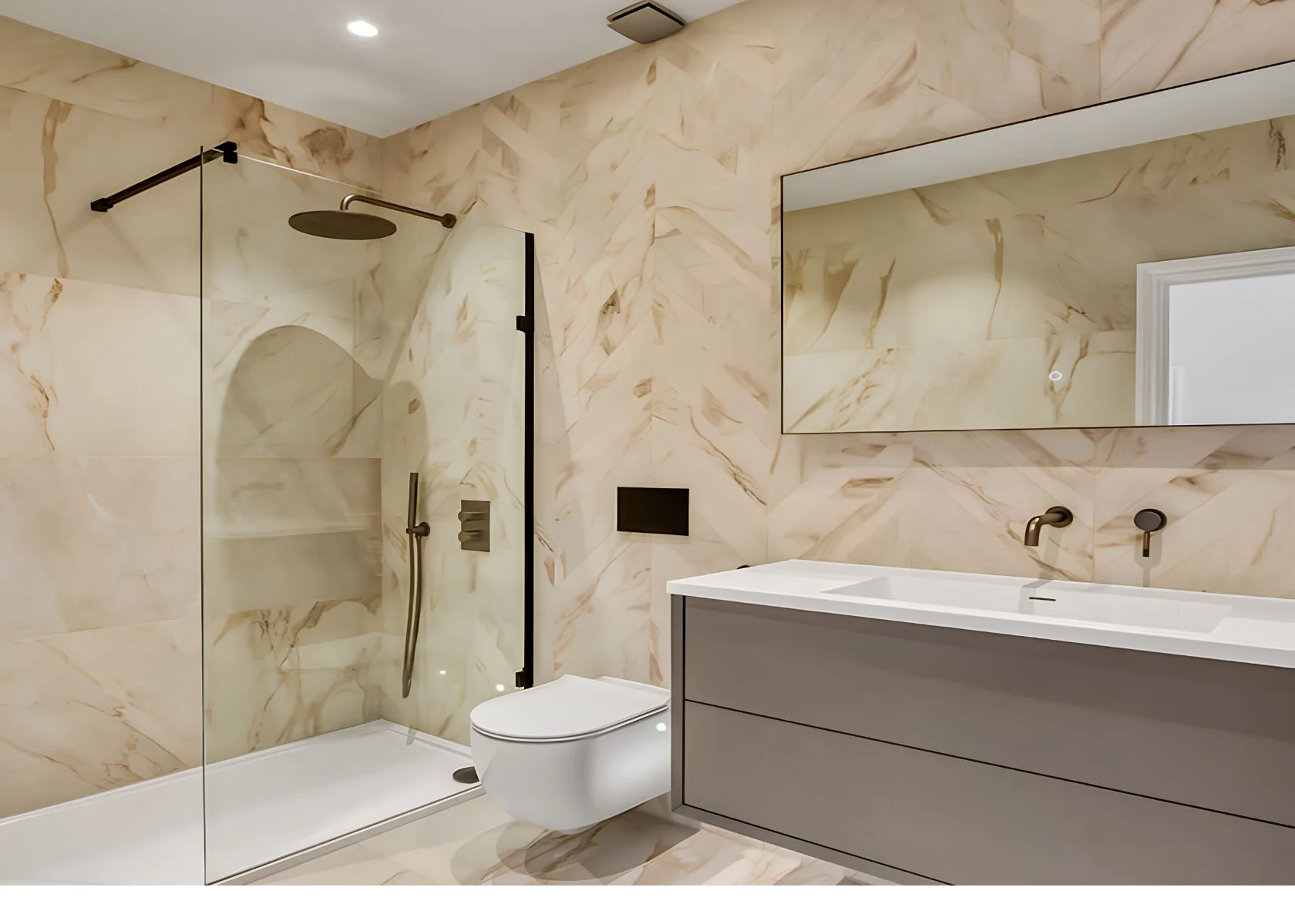 Fernhurst Road: The shower room with coordinated wall finishes and vanity.