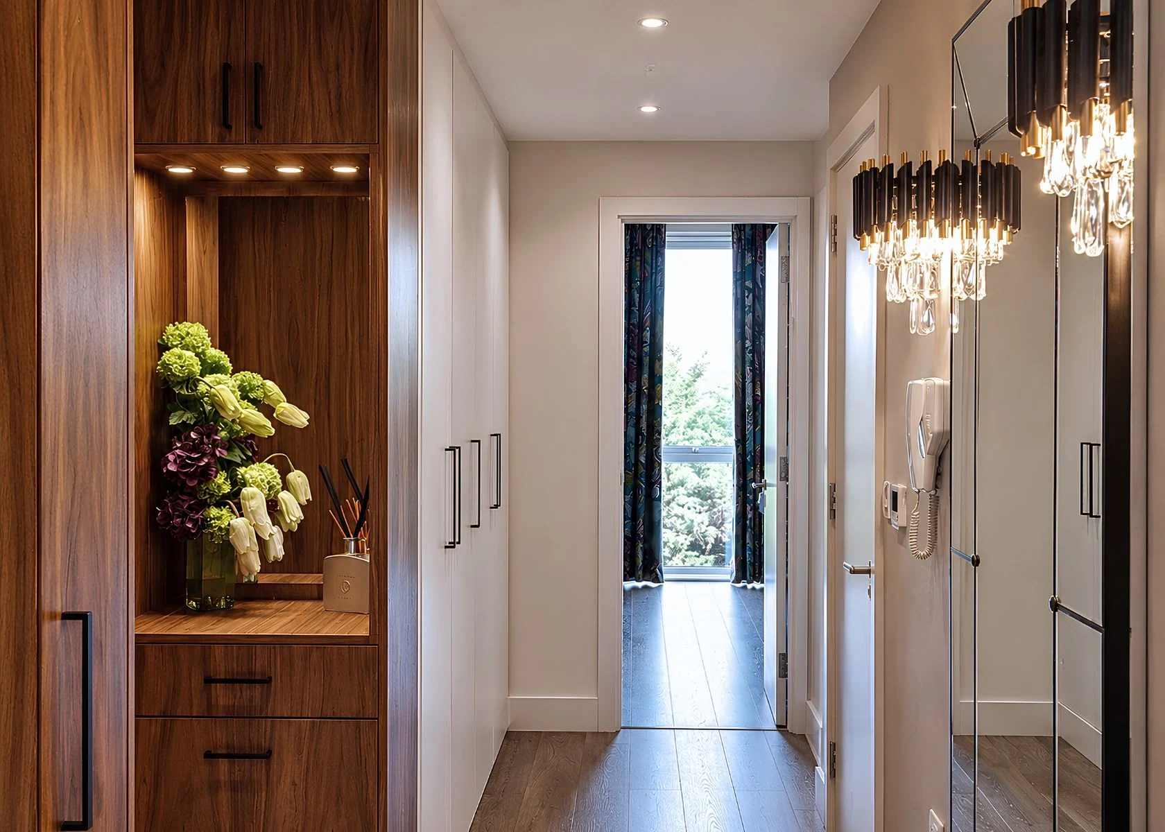 Tufnell Park: The hallway with integrated storage, display niche and lighting.